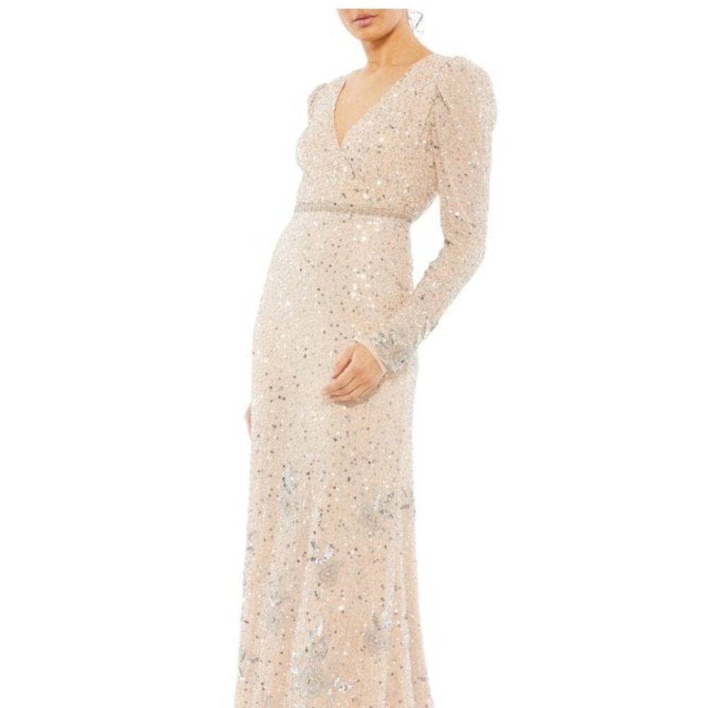 NWT MacDuggal Long Sleeve Beaded Gown Dress Blush Pink Silver 2